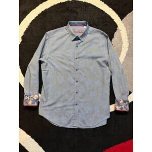 Robert Graham Flip Cuff Shirt Mens Size L Blue Floral Design Button Down Causal